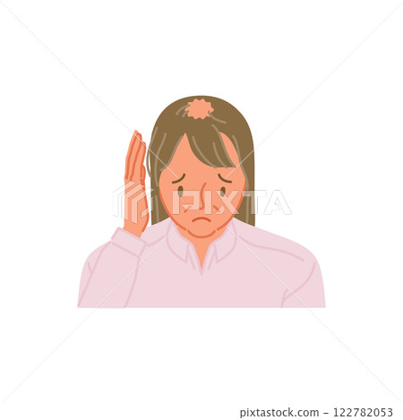 Thinning hair in women: A middle-aged woman who is concerned about her thinning hair and puts her hand on her head 122782053