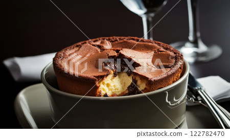 Decadent chocolate souffle with soft, gooey center served in bowl Decadent chocolate souffle with soft, gooey center served in bowl 122782470
