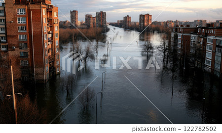 city partially submerged in floodwaters with buildings and trees 122782502