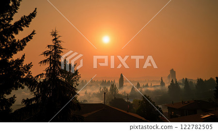 hazy city skyline under smoky sunset, evoking sense of extreme heat 122782505