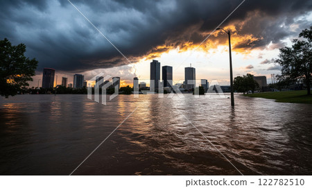 city skyline half submerged in floodwaters under dark clouds and sunset 122782510