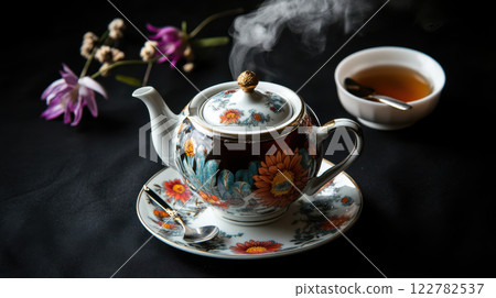 classic porcelain teapot with steam, surrounded by flowers and tea 122782537