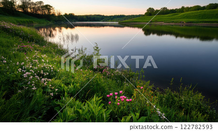 calm lake surrounded by vibrant springtime greenery and colorful flowers 122782593