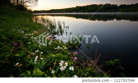 serene lake at sunrise, surrounded by vibrant spring flowers and greenery 122782594