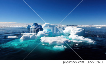 Majestic icebergs floating in clear blue water under bright sky Majestic icebergs floating in clear blue water under bright sky 122782611