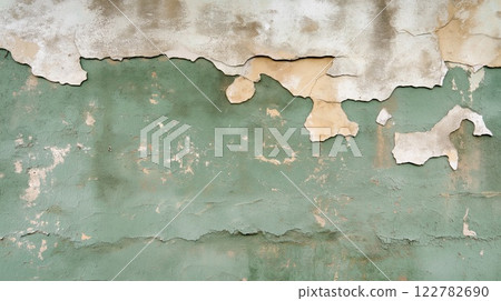 Old weathered green wall with peeling paint and plaster showing underlying layers 122782690