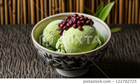 bowl of matcha ice cream topped with sweet red beans, perfect for dessert bowl of matcha ice cream topped with sweet red beans, perfect for dessert 122782725