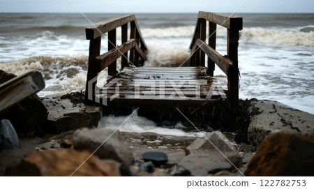 partially collapsed wooden bridge surrounded by rising tides and debris 122782753