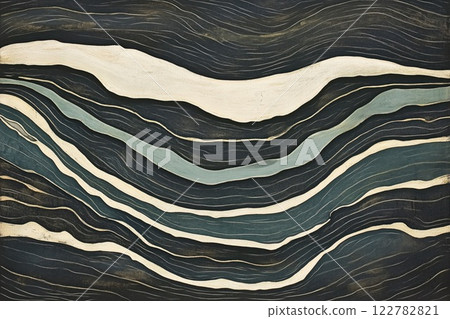 Abstract painting with flowing lines of black, gold, and teal green 122782821