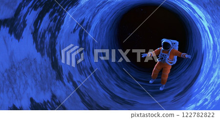 Astronaut floating in a blue wormhole, exploring the universe and space time tunnel 122782822