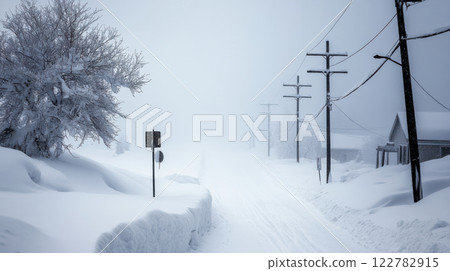 snowy road in mountain village covered in thick snow and fog 122782915