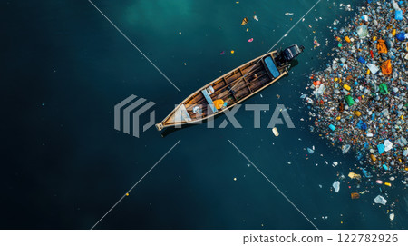 boat sailing through polluted waters surrounded by debris and waste 122782926
