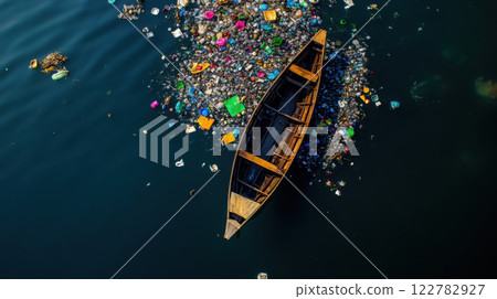 boat sailing through polluted waters surrounded by plastic waste, highlighting environmental 122782927