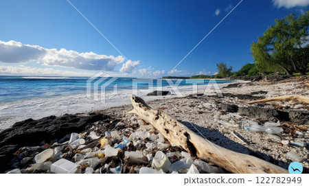 beach littered with plastic waste and debris, highlighting pollution issues beach littered with plastic waste and debris, highlighting pollution issues 122782949