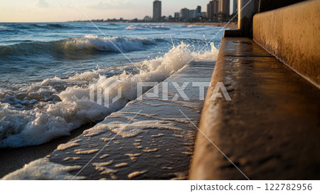 Waves crashing on shoreline with city skyline in background 122782956