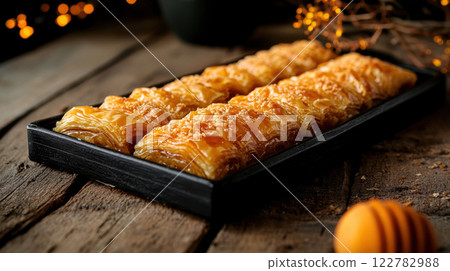 Delicious baklava arranged on black tray, showcasing its crispy layers and honey glaze Delicious baklava arranged on black tray, showcasing its crispy layers and honey glaze 122782988