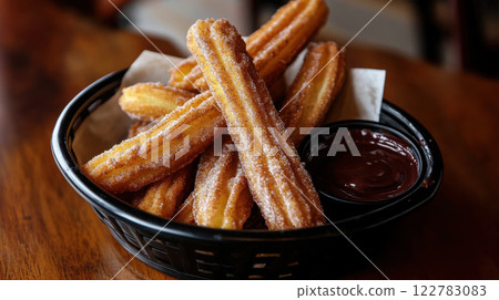 Freshly made churros served with chocolate sauce in basket 122783083