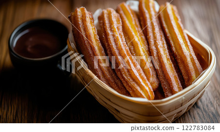 Delicious churros served in basket with chocolate sauce on side 122783084