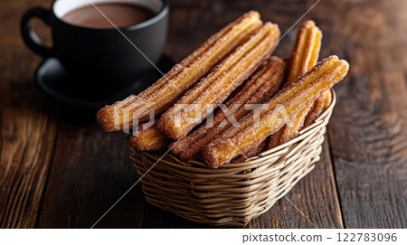 Crispy churros with cinnamon sugar in basket beside cup of coffee 122783096
