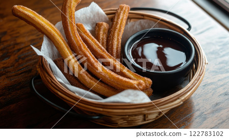 Delicious churros with cinnamon sugar served in basket with chocolate sauce Delicious churros with cinnamon sugar served in basket with chocolate sauce 122783102