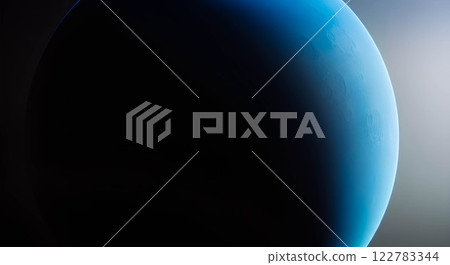 Fragment of dark planet or satellite, space body illuminated by gentle blue light on dark background. Abstract space landscape, texture of space body. 122783344