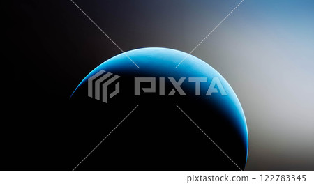 Fragment of dark planet or satellite, space body illuminated by gentle blue light on dark background. Abstract space landscape, texture of space body. 122783345