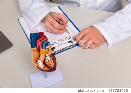 Anatomical model human heart on work desk of doctor in medical clinic. Anatomical model human heart on work desk of doctor in medical clinic. 122783428