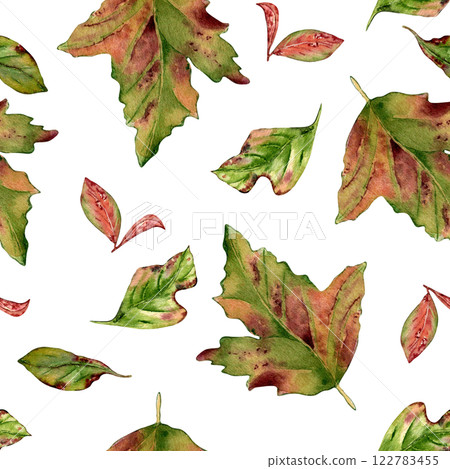 Autumn colorful leaves watercolor seamless pattern isolated on white. Red pink fall leaves of maple, hawthorn, viburnum tree hand drawn in botanical sketch. Foliage repeat background painted design. 122783455