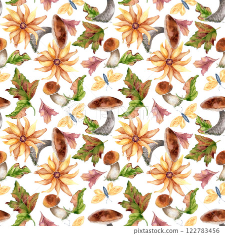 Autumn seamless pattern with porcini, boletus hand drawn. White mushrooms, yellow flowers and butterflies watercolor isolated. Floral botanical repeated background with forest plants for design Autumn seamless pattern with porcini, boletus hand drawn. White mushrooms, yellow flowers and butterflies watercolor isolated. Floral botanical repeated background with forest plants for design 122783456