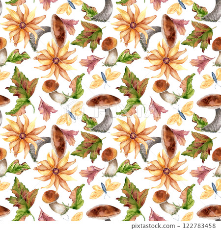 Autumn seamless pattern with porcini, boletus hand drawn. White mushrooms, yellow flowers and butterflies watercolor isolated. Floral botanical repeated background with forest plants for design Autumn seamless pattern with porcini, boletus hand drawn. White mushrooms, yellow flowers and butterflies watercolor isolated. Floral botanical repeated background with forest plants for design 122783458