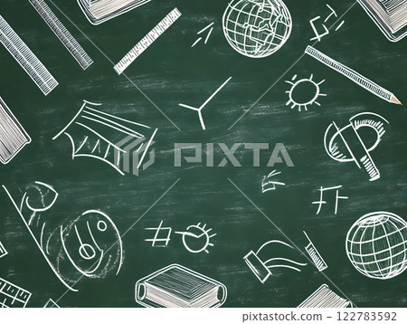 Classic chalkboard background with educational icons and symbols Classic chalkboard background with educational icons and symbols 122783592