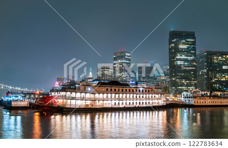 Illuminated boat at Pier 3 in San Francisco, California, United States at night Illuminated boat at Pier 3 in San Francisco, California, United States at night 122783634