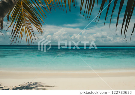 Tranquil tropical paradise showcasing a serene beach with golden tones 122783653
