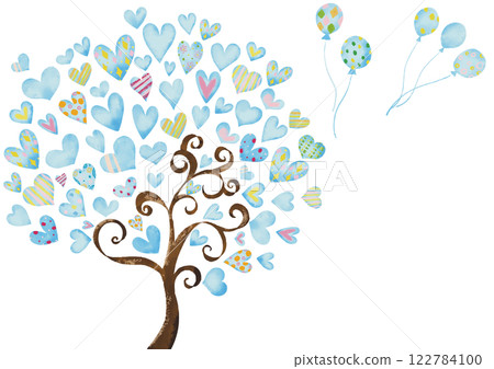 水彩風格淡藍色心形樹（附氣球） 122784100