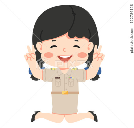 Cute female teacher jumping in air 122784128