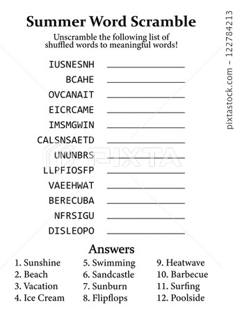 Summer Word Scramble and Puzzle, Fun Educational Game for Kids, Teens and Adults Summer Word Scramble and Puzzle, Fun Educational Game for Kids, Teens and Adults 122784213