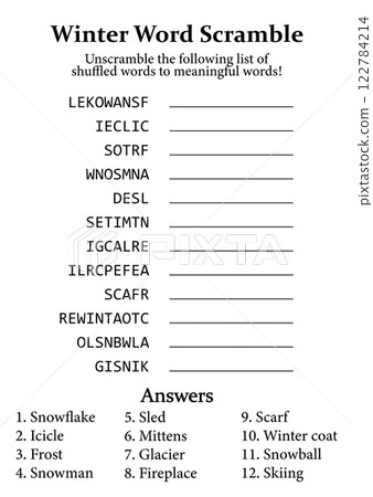 Winter Word Scramble and Puzzle, Fun Educational Game for Kids, Teens and Adults Winter Word Scramble and Puzzle, Fun Educational Game for Kids, Teens and Adults 122784214