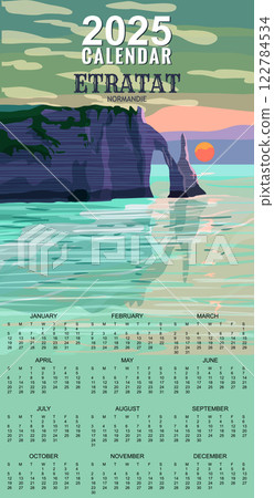 Monthly 2025 Calendar Vintage Travel poster Etretat France, sunset seascape rock cliff Monthly 2025 Calendar Vintage Travel poster Etretat France, sunset seascape rock cliff 122784534
