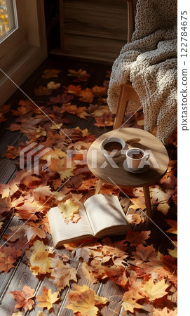 Cozy autumn corner with steaming coffee, an open book, and colorful fall leaves. Perfect for a relaxing afternoon 122784675