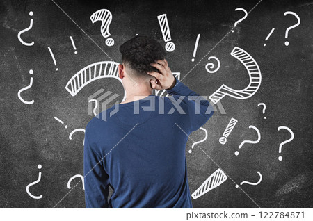 Puzzled man from back of a blackboard, puzzled man scratching his head, confused man from back scratching his head, person from back scratching his head puzzled Puzzled man from back of a blackboard, puzzled man scratching his head, confused man from back scratching his head, person from back scratching his head puzzled 122784871