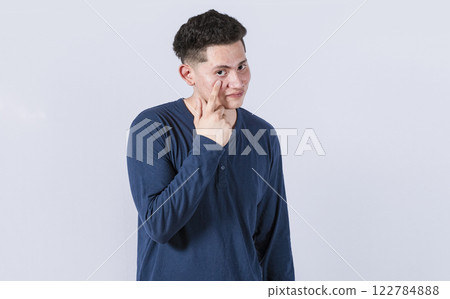Distrustful man watching you, person with eyes on you, Distrustful guy with finger in the eye, distrustful man watching me Distrustful man watching you, person with eyes on you, Distrustful guy with finger in the eye, distrustful man watching me 122784888