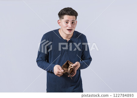 unhappy and surprised man looking in an empty wallet, man seeing his empty wallet, young man with wallet without money unhappy and surprised man looking in an empty wallet, man seeing his empty wallet, young man with wallet without money 122784893