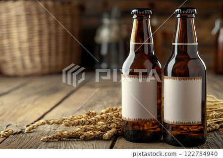 pair of craft beer bottles with blank label on wooden table with barley ears in barn shed interior 122784940
