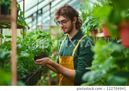 man worker takes care of plants in greenhouse 122784941