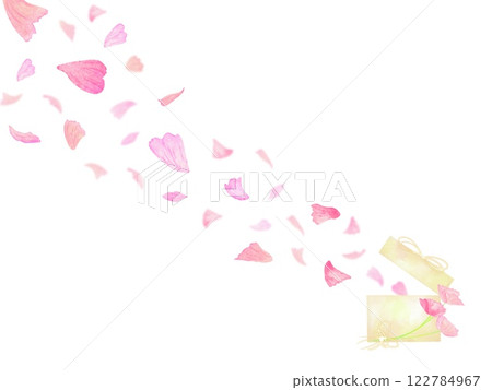A romantic illustration of a gift box with pink petals spilling out when the lid is opened. Perfect for a celebration. 122784967