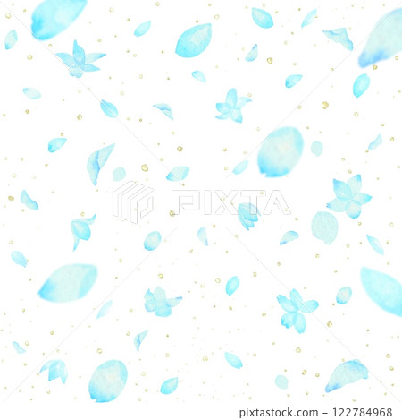 淡藍色花瓣的清新春天圖案。水彩插圖。 122784968