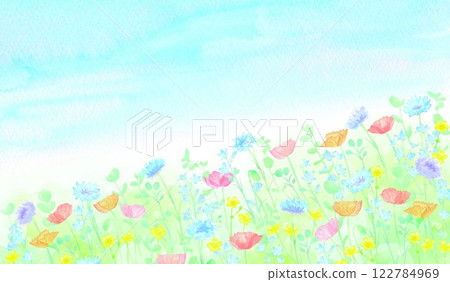 藍色的天空和五彩繽紛的鮮花盛開的田野的美麗水彩畫。背景素材洋溢著溫馨、幸福的心情。 122784969