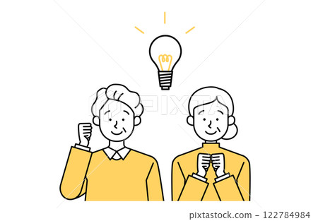 Vector illustration of an elderly couple whose worries have been solved. Inspiration, light bulb, positive, simple, cute Vector illustration of an elderly couple whose worries have been solved. Inspiration, light bulb, positive, simple, cute 122784984