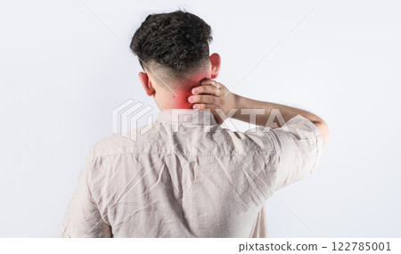 Neck pain and stress concept, man with neck muscle pain, Close up of man with neck pain, a man with neck pain on isolated background. 122785001
