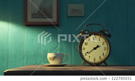 Retro alarm clock and cup 122785031